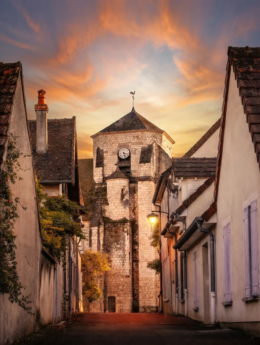 La collégiale de Léré au coucher du soleil
