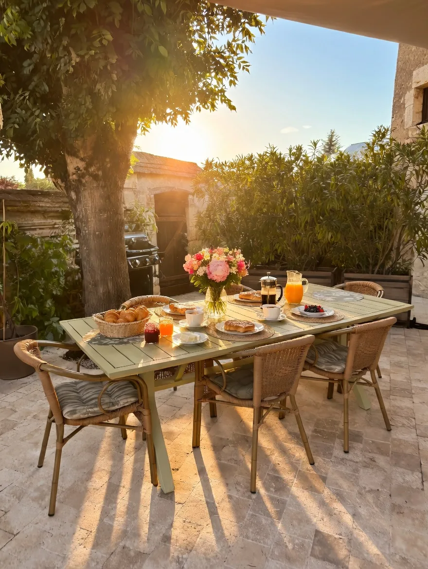 Petit-déjeuner en terrasse au lever du soleil
