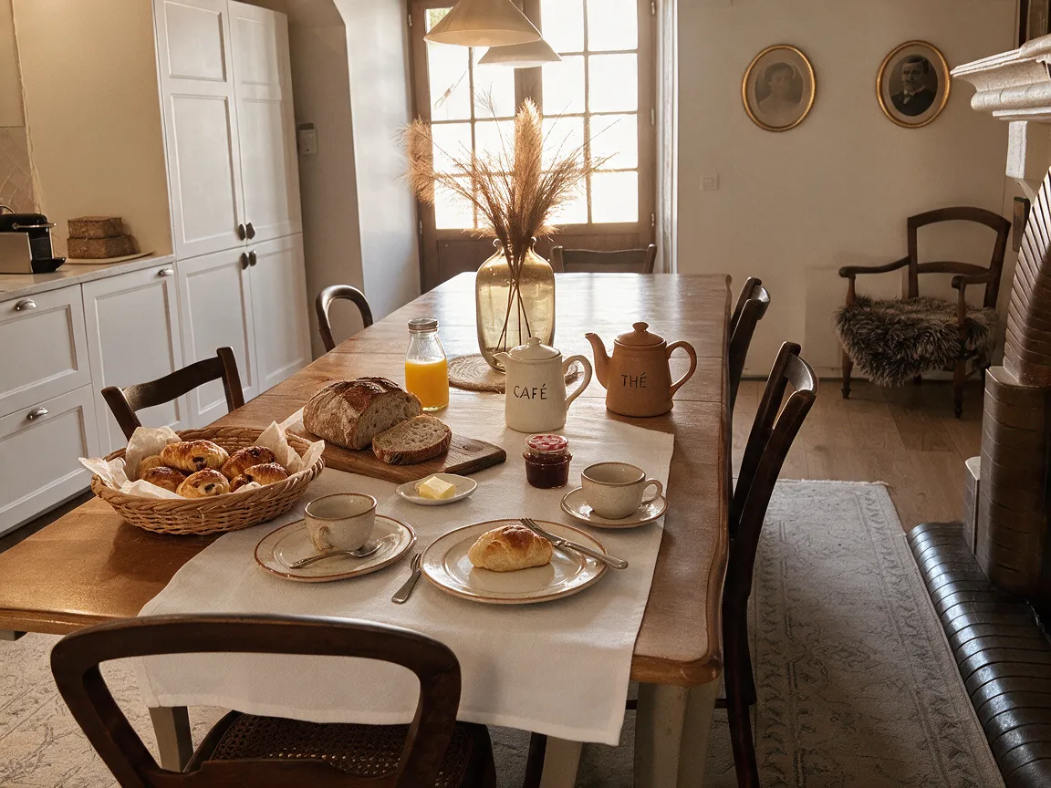 Le petit-déjeuner servi sur la grande table de la salle à manger